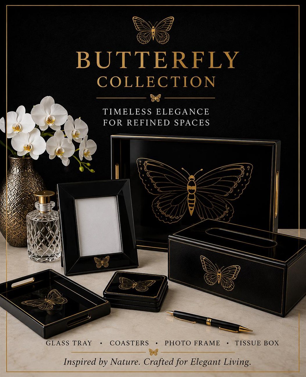 Butterfly Collection — gold on black lacquer décor set