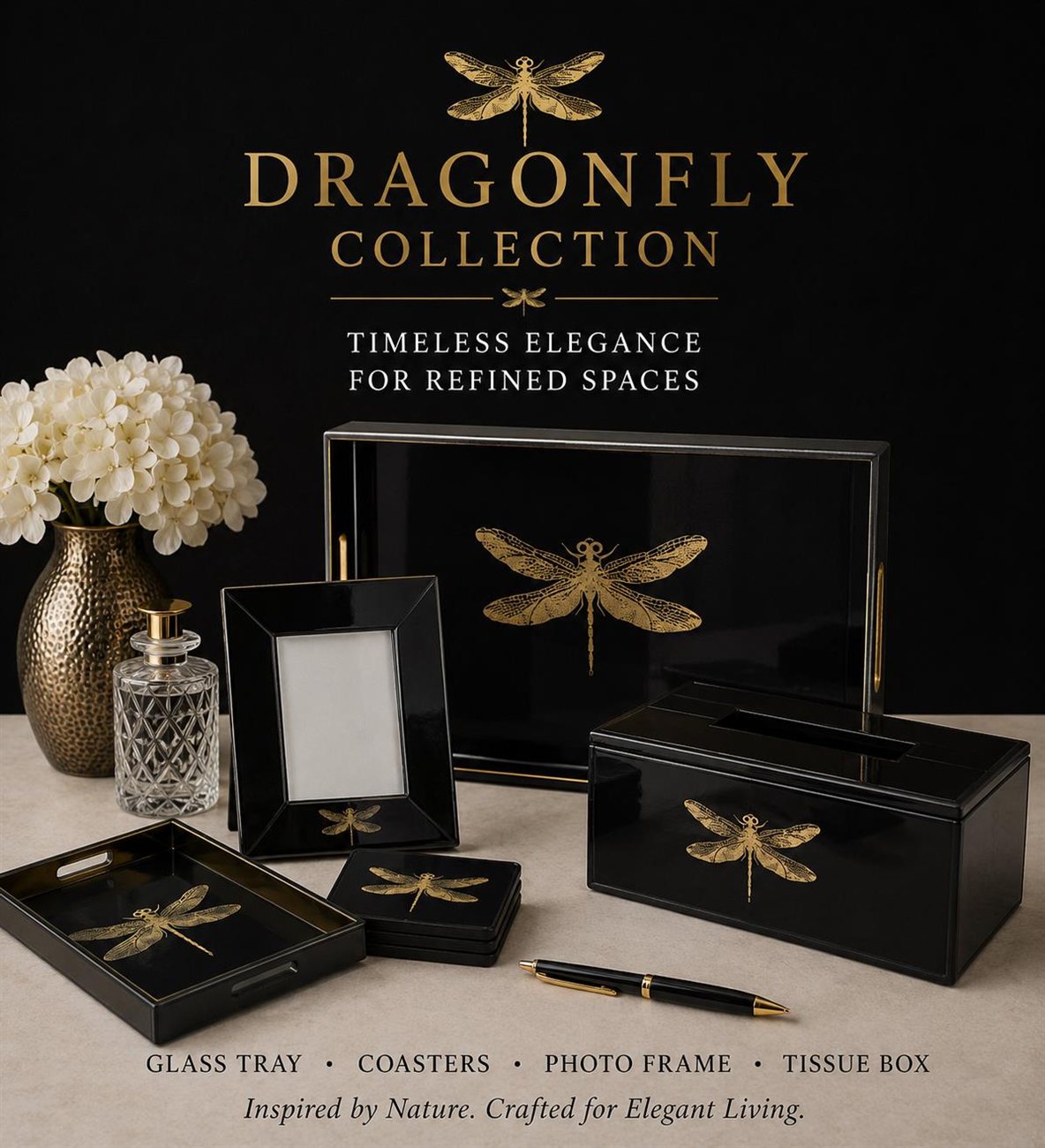 Dragonfly Collection — gold on black lacquer décor set
