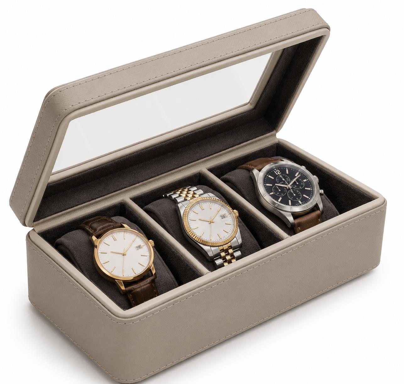 Taupe leather watch box with glass lid holding three watches