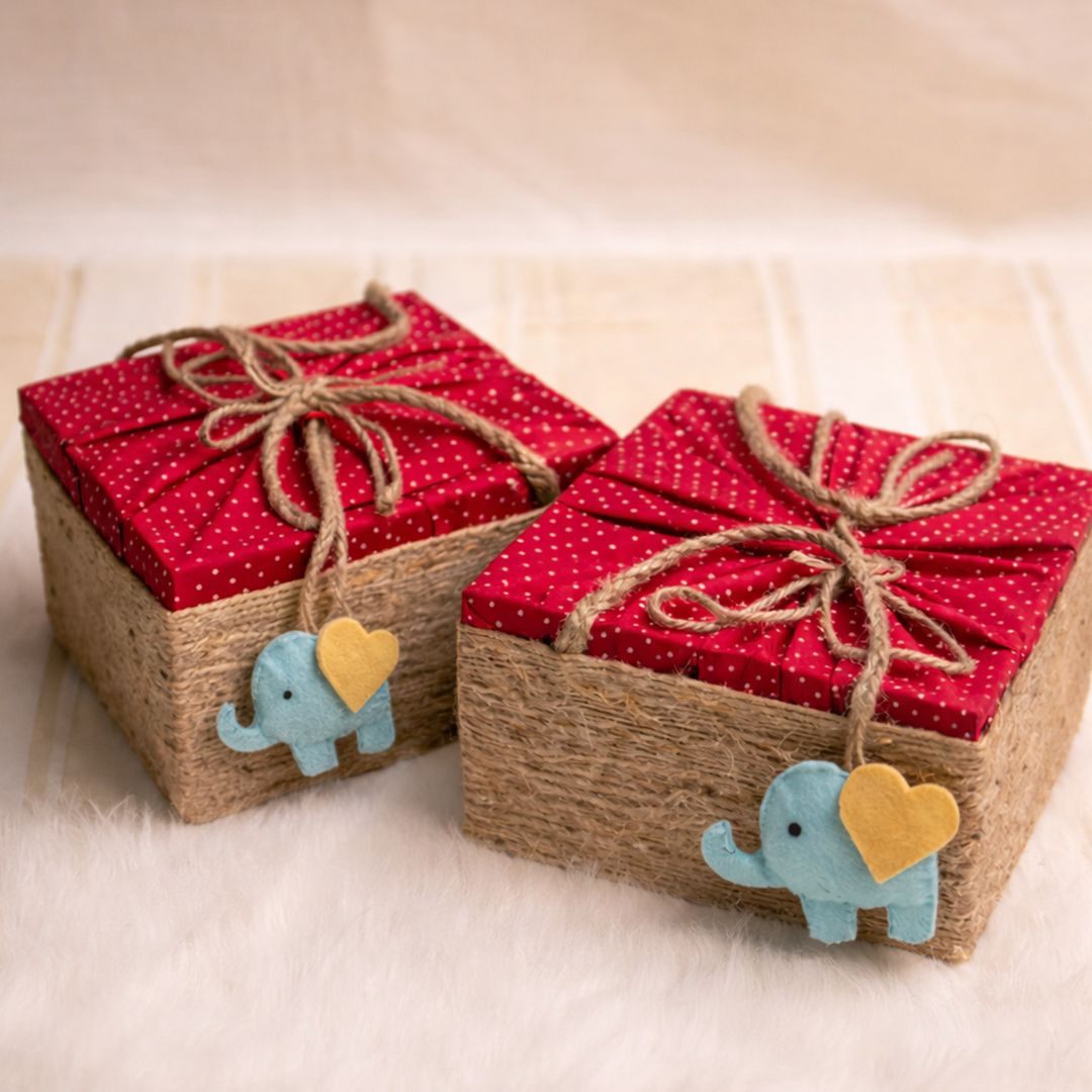 Newborn gift boxes with elephant tags
