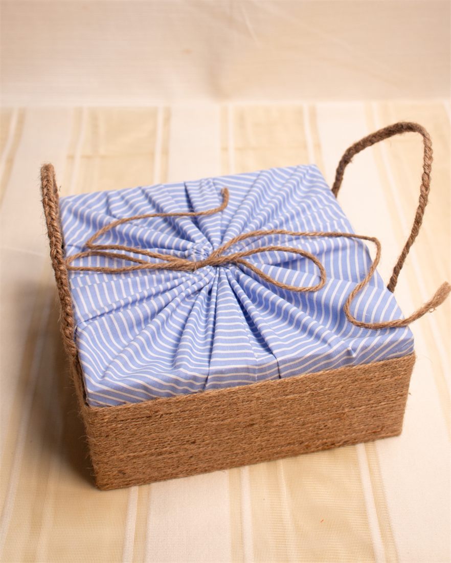 Jute gift box with striped fabric wrap