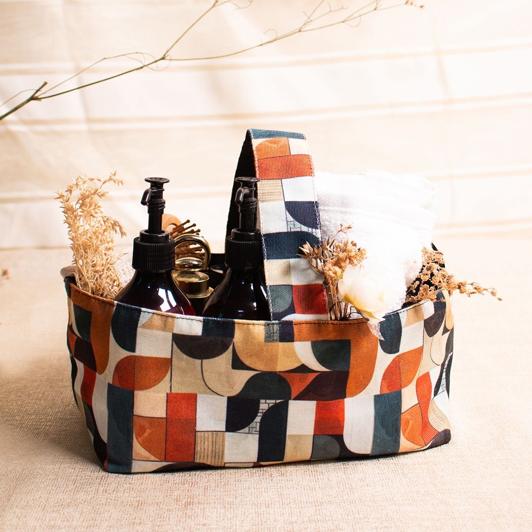 Printed fabric gift caddy with toiletries