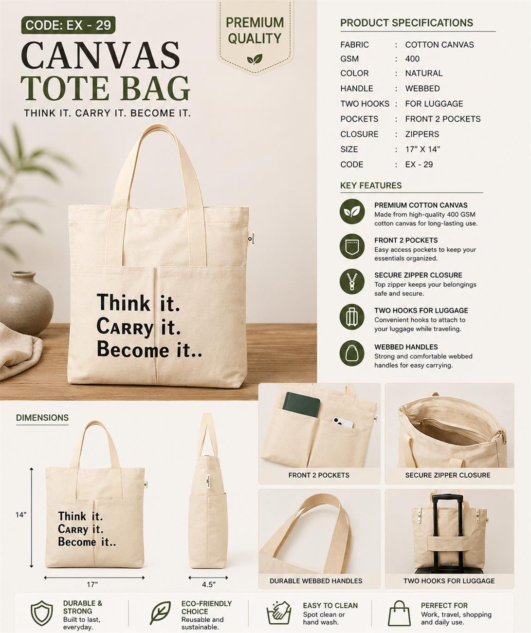 Tote spec sheet EX-29 — cotton canvas, 400 GSM, front pockets, zip closure, luggage hooks, 17 by 14 inches