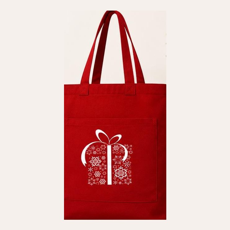 Red canvas tote with white snowflake gift print