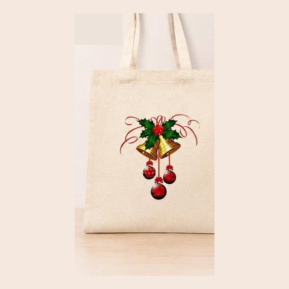 Natural canvas tote with Christmas bells and holly print