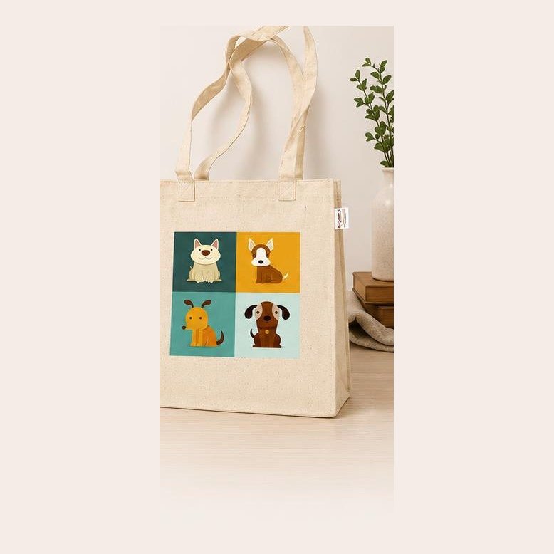Natural canvas tote with four-dog print