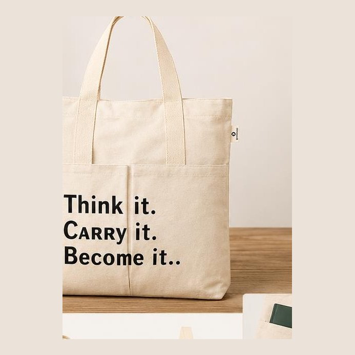 Natural canvas tote with Think It Carry It Become It print