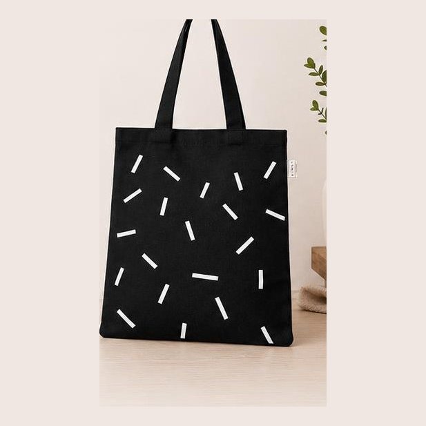 Black cotton tote with white confetti print